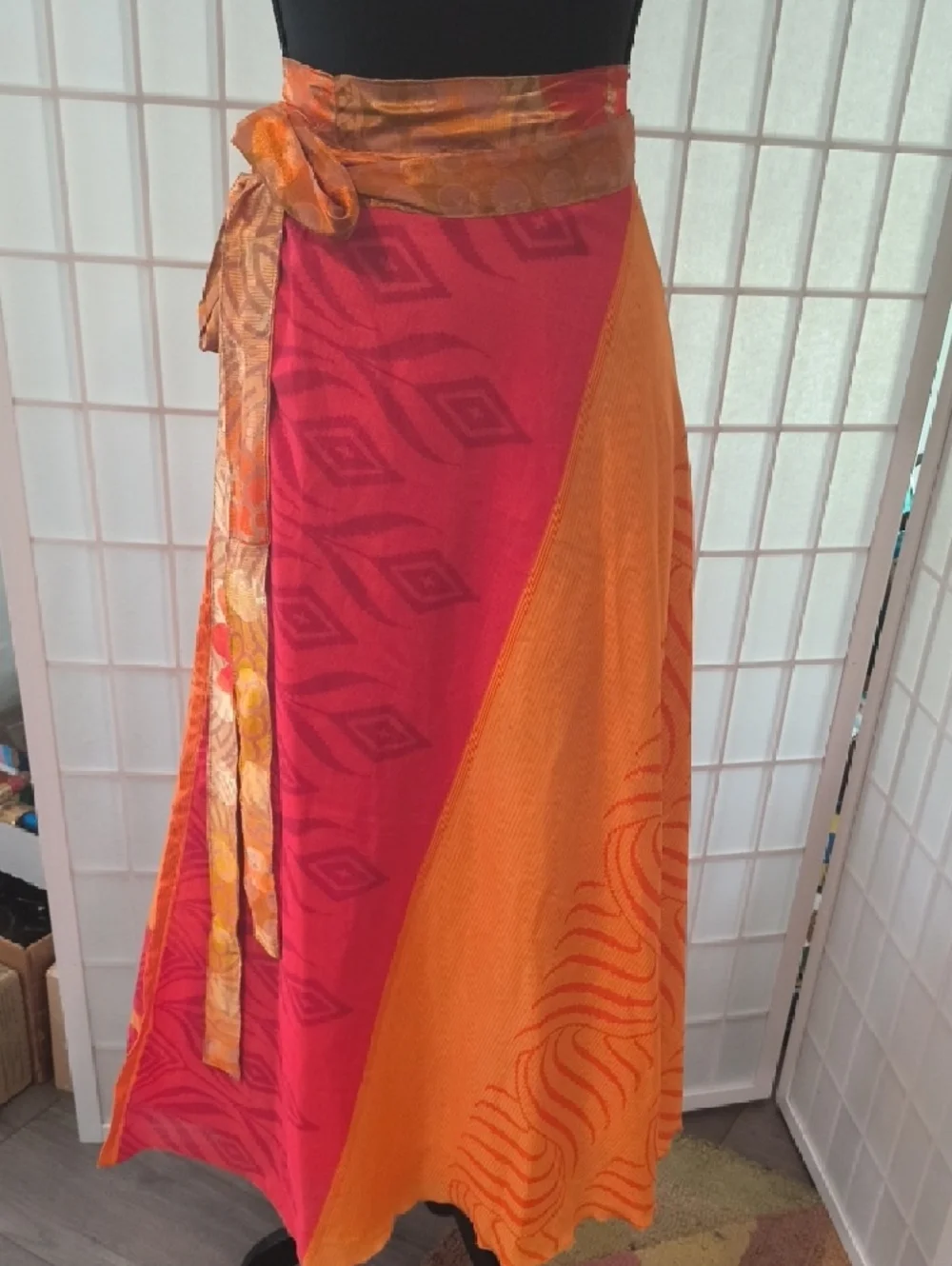 VINTAGE Silk Sari Reversible Wrap Skirt - Red & Orange - Darn Good Yarn - Picture 14 of 17